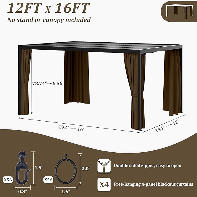 Gazebo Universal Replacement Privacy Curtain,12'×16' Gazebo Outdoor Waterproof Curtains, 4-Panels Sidewall Curtains with Double Zipper for Patio Canopy, Garden and Backyard (Curtain Only)