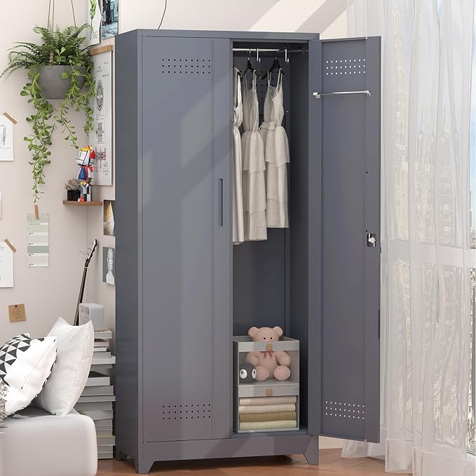 GREATMEET 72.8" Broom Storage Cabinet，Metal Storage Cabinets for Cleaning Supplies with Pegboard, Utility Closet, Broom Mop Cabinet, Grey