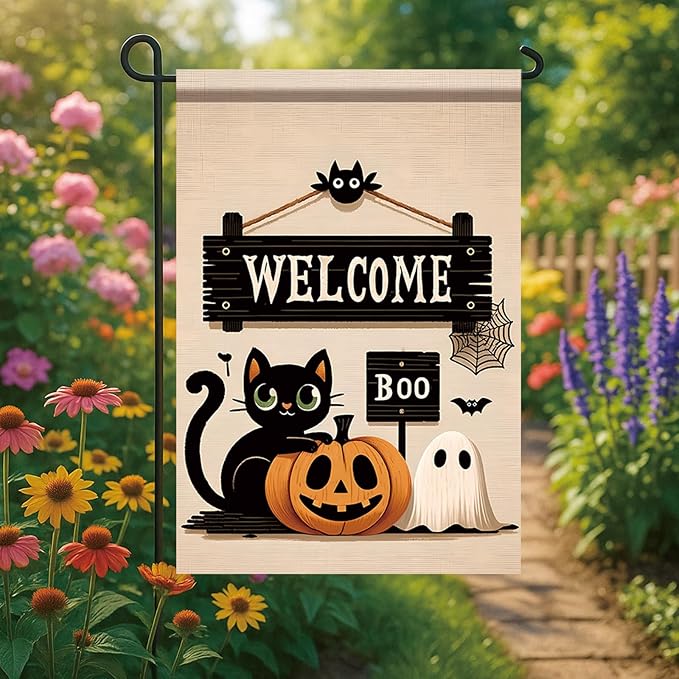 Halloween Black Cat Welcome Garden Flag 12x18 Inch Double Sided for Outside Cute Cat Pumpkin Ghost Yard Flag for Outdoor Holiday Home Decor