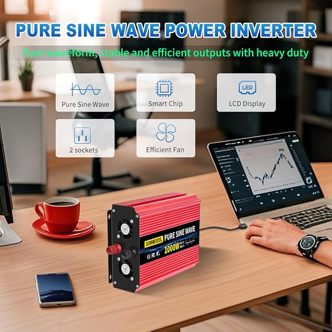 SUNWHEEL 1000W Pure Sine Wave Inverter, 12V DC to 110V/120V AC Power Inverter for RV、Off Grid、Truck、Refrigerator with 2 AC outlets and LCD Display