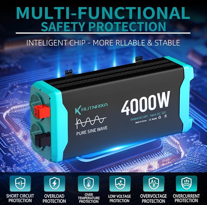 4000W Pure Sine Wave Inverter 12V DC to 120V AC for RV, Truck, Off-Grid, Home, Solar Car Power Inverter with Dual AC Hardwire Port, 20A Socket, 5V 2.1A USB