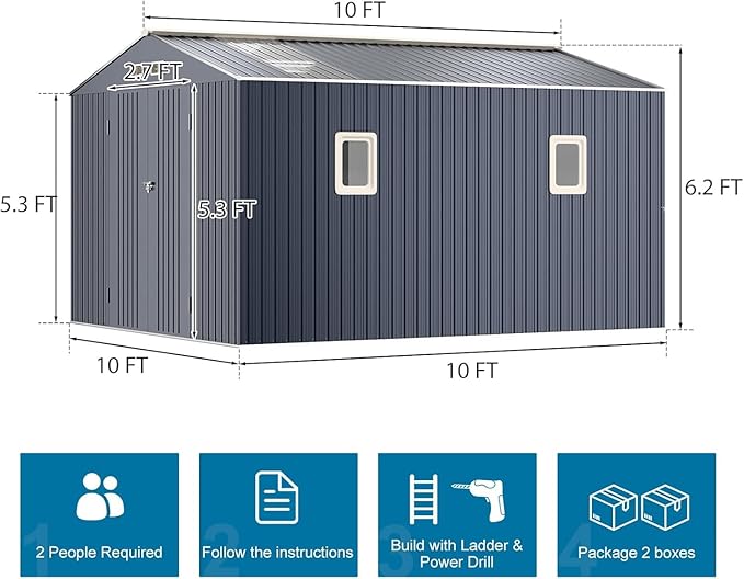 10x10 FT Metal Outdoor Shed with Floor Base Waterproof Large Tool House with Unique Clear Roof Skyview Windows Air Vents Door for Garden Patio Backyard Storage Lawnmower,Garage,Dark Grey