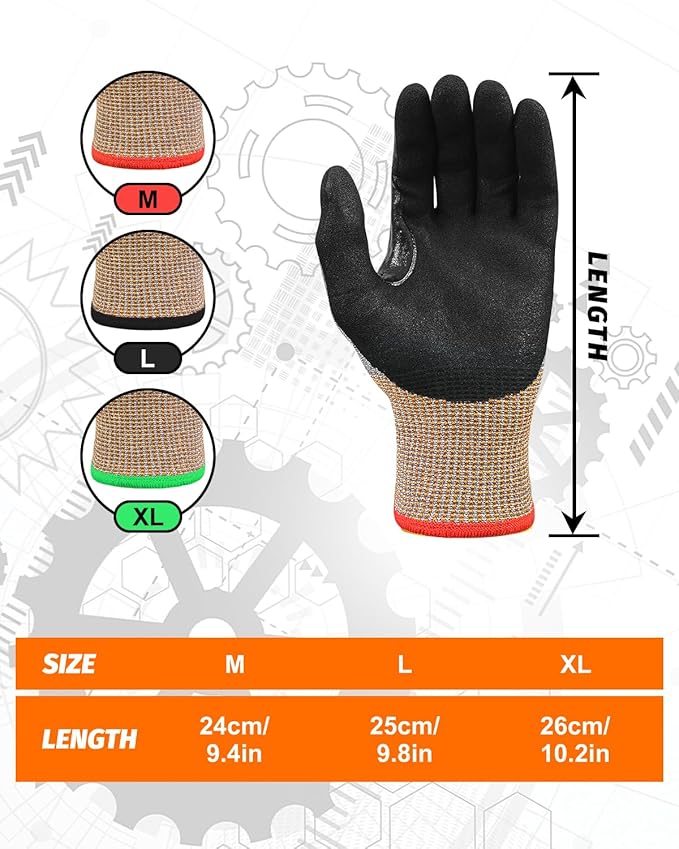 A7 Cut Resistant Work Gloves, 3 Pairs Nitrile Coated Cutting Glove for Woodworking,Construction,Fishing,Metalwork