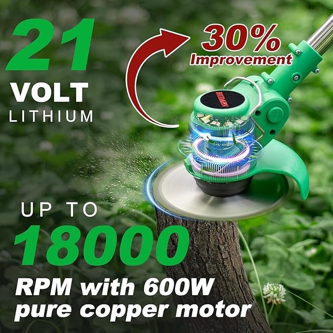 21V Cordless Grass Trimmer, Electric String Weed Wacker with 2.0Ah Lithium Battery, Telescopic Handle, 40 Min Runtime, 18000 RPM, Low Noise 92dB (Green)