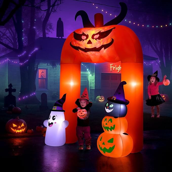 11FT Halloween Inflatable, Giant Halloween Inflatables Archway, Inflatables Blow Up Scary Pumpkin with Ghost and Cat for Lawn Garden Yard Holiday Party Decorations