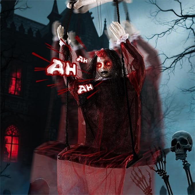 Halloween Decorations Outdoor, Scary Hanging Swinging Girl Props Sound & Slap Activated with Creepy Sound Expressions Light Up Eyes, Halloween Outside Ghosts for Haunted House Yard Lawn Decor