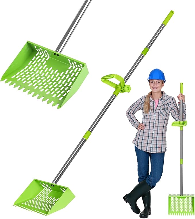 Chicken Poop Scooper & Rake 2-in-1,10" Wide Metal Sand Sifting Shovel with Grip,Adjustable Stainless Steel Handle,Cleaning Tools for Chicken Coops & Farm Animals Scoop (Green)