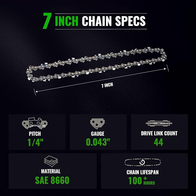 7" Chain Pitch: 1/4" Low Profile 44Drive Links Replacement Chain For 2-in-1 Cordless Pole Saw & Mini Chainsaw .043" Gauge