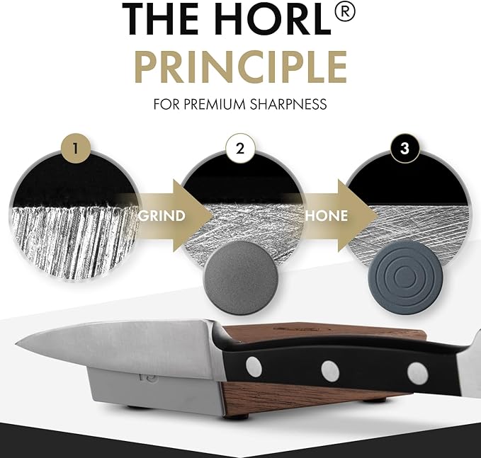 HORL 2 Walnut Rolling Knife Sharpener - Kitchen Knife Sharpener for Razor Sharp Edges Made in Germany - Easy Knife Sharpening Kit - Roller with Magnetic Holder with 15 & 20 Degrees