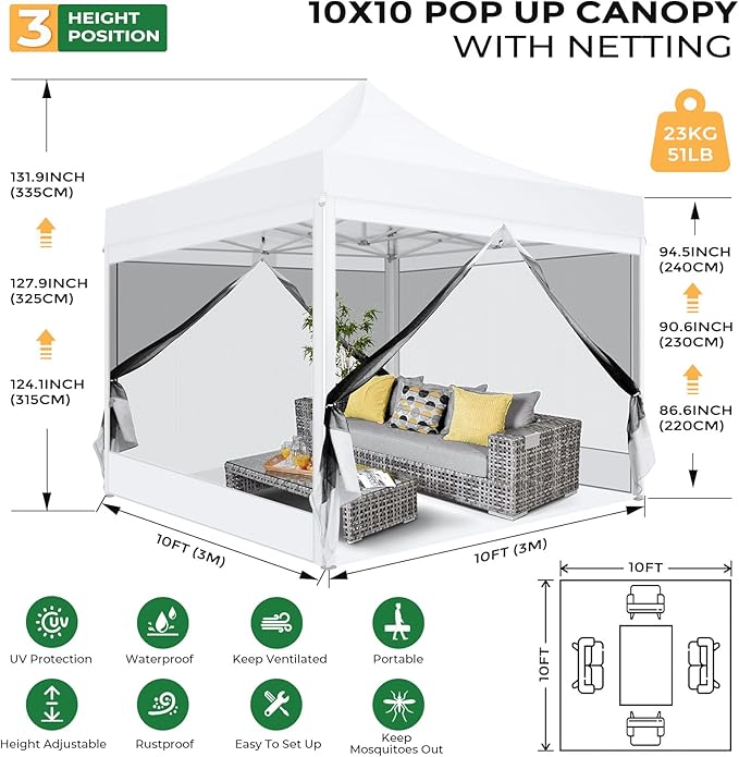 COBIZI 10x10 Heavy Duty Pop Up Canopy with 4 Mosquito Netting Wall, Easy Set Up Commercial Gazebo Party Tent, Outdoor Instant Screen Canopy for Backyard, Patio, Garden, White