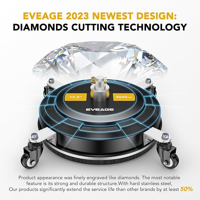 EVEAGE 14.5" Pressure Washer Surface Cleaner, Upgraded Stainless Steel Pressure Washer Accessories with 4 Weels & 1/4" Quick Connector, 4,000 PSI Power Washer for Driveways Sidewalks Patios Cleaning