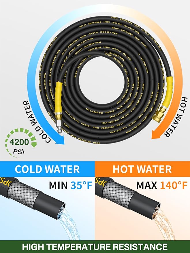 4200PSI Pressure Washer Hose 50FT with 3/8" Swivel Quick Connect for Cold/Hot Water, Kink Resistant Steel Wire Braided, Wear Resistant Power Washer Hose with 2 M22 14mm Adapter Set