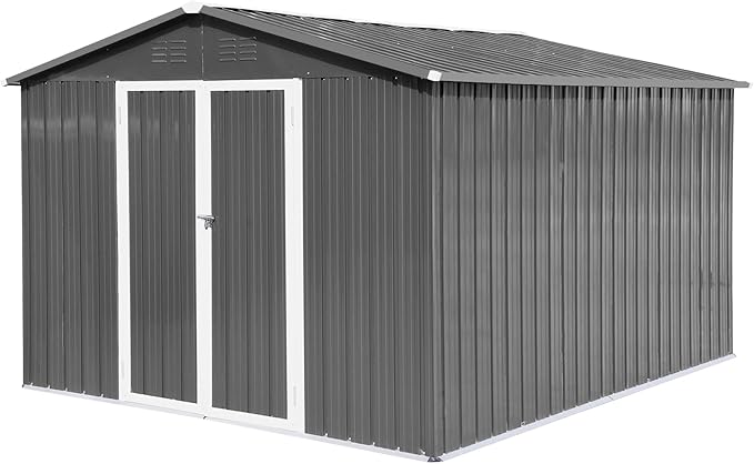 10x12 FT Metal Outdoor Storage Shed & Double Hinged Large Door - Heavy-Duty Shed with Floor, Lockable & Ventilation - Rainproof Windproof Large Utility Garden Shed for Backyard Patio Lawn - Light Gray