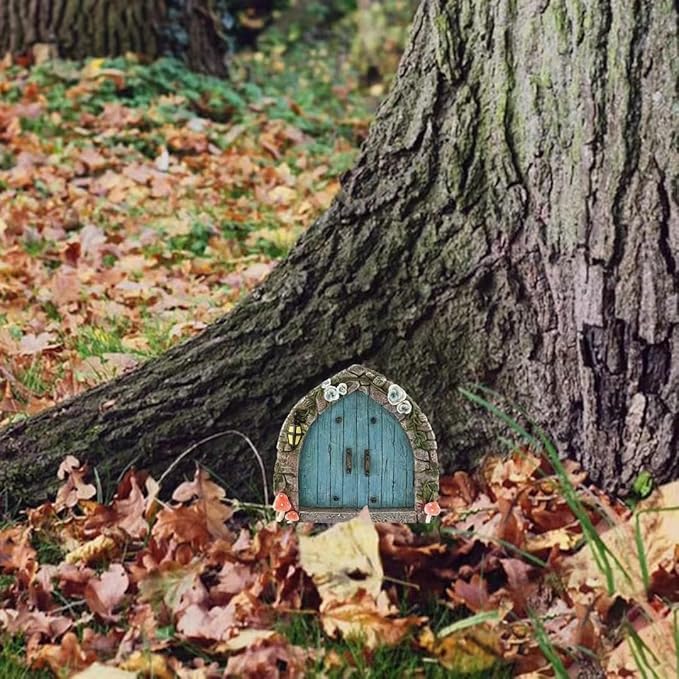 Blue Mini Fairy Garden Door for Tree, 3D Miniature Fairy Door for Fairytale Tiny House Doors, Bonsai Terrarium Micro Landscape Decoration Accessories Garden Miniatures