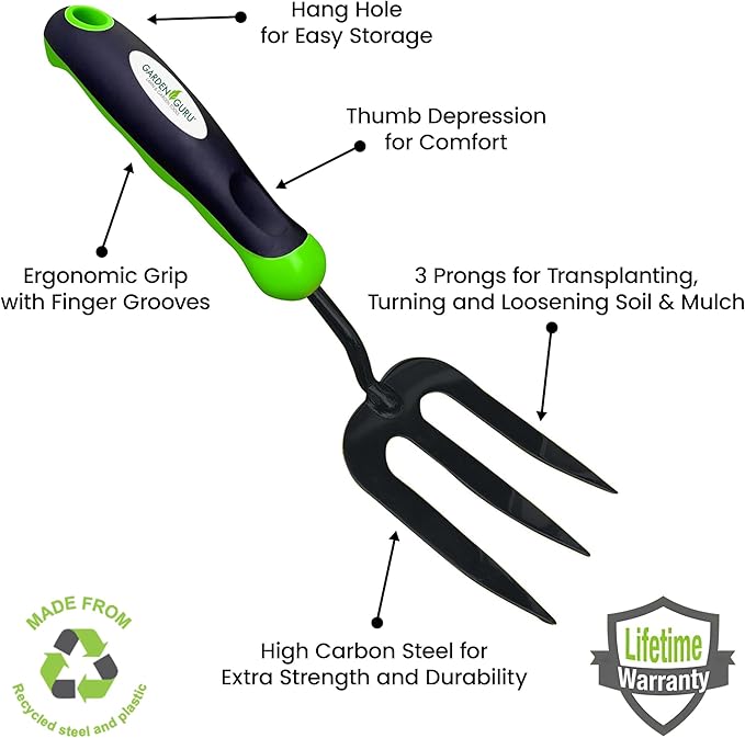 Garden Guru Hand Weeder Fork Tool – Rust Resistant High Carbon Steel – Ergonomic Handle – Great for Planting, Spreading Mulch, Weeding, Loosening & Transplanting Soil (4 Pack)