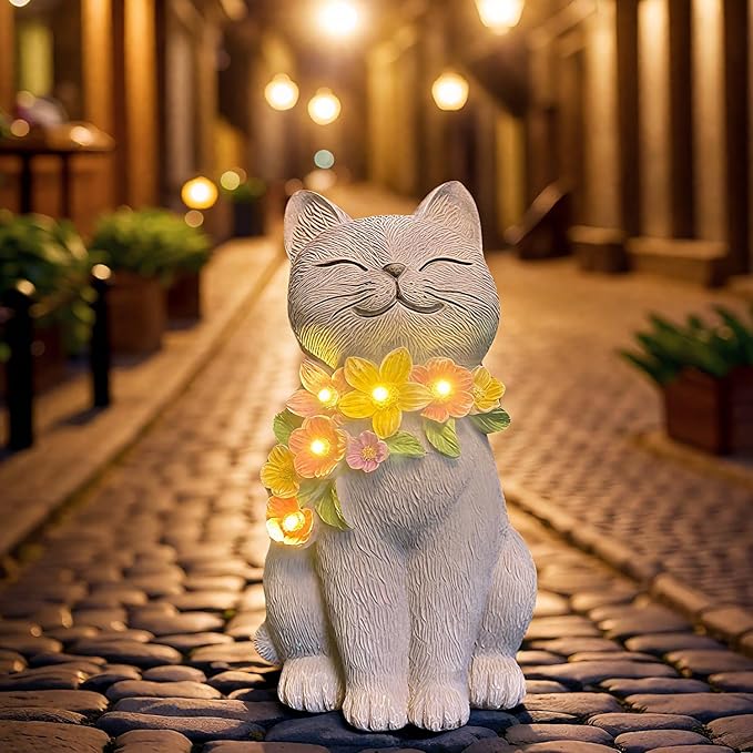 Solar Cat Garden Statue for Outdoor Decor, Cat Solar Light with Flowers, Resin Cats Figurine for Garden, Yard, Lawn Decor, Cats Lover Gifts for Women