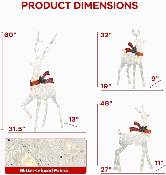 Outdoor Lighted Deer Family Decor 3-Piece Set, 5ft Large Reindeer Christmas Holiday Lights with 210 Warm White LEDs, 3D Design, Cotton Twine & Iron, Perfect for Lawn, Yard, Garden, Party