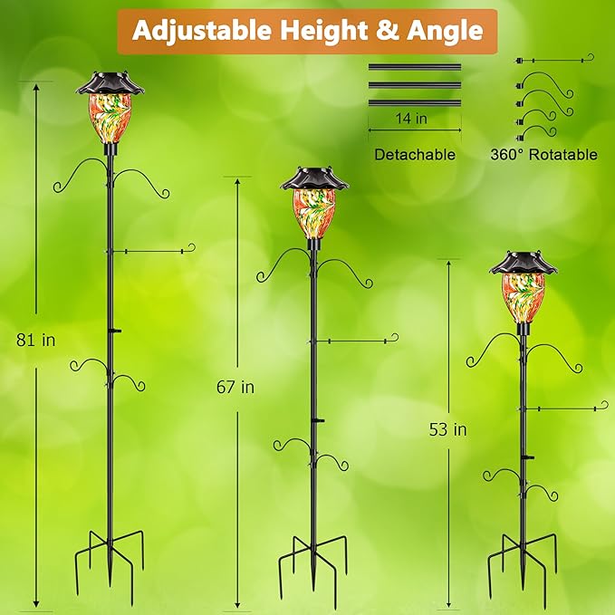 LUJII Solar Shepherds Hooks for Outdoors, Bird Feeder Pole with 4 Adjustable Hangers and 1 Flag Holder, Garden Stand for Hummingbird Feeders, Wind Chimes, Plant Baskets, Lanterns (Red)