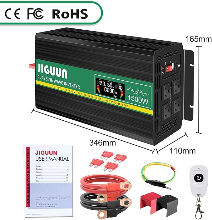 JIGUUN 1500 Watt Pure Sine Wave Power Inverter 12v DC to 110/120v AC Converter 3 AC & USB Output,Power Inverter LCD Display for Home RV Camping Car Truck 3000 Peak