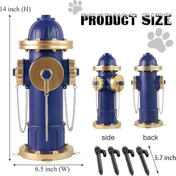 Dog Fire Hydrant Puppy Pee Training Post Garden Statue, Blue & Gold Fire Hydrant Outdoor Figurines Decor for Yard Garden Lawn Patio, 14 Inches (H) *6.5 Inches(W)