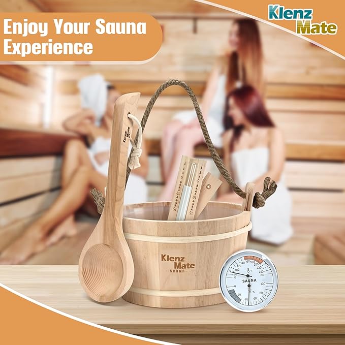 6 Pcs Sauna Accessories Kit, Bucket and Ladle Set, Thermo-Hygrometer, Sauna Hourglass, Brush, Exfoliating Volcanic Rocks, Sauna Set, Wooden Sauna Bucket, 1 Gallon (4 L) Water Capacity, Handmade