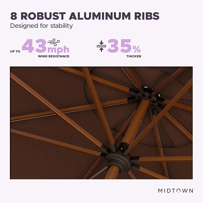 Midtown Umbrellas Sunbrella Umbrella Large Patio Umbrella 2-10 Feet in Bay Brown Acrylic Fabric - Auto-Tilt Aluminum Frame For Backyard Umbrella, Deck Umbrella & Porch Umbrella - Wooden Pole