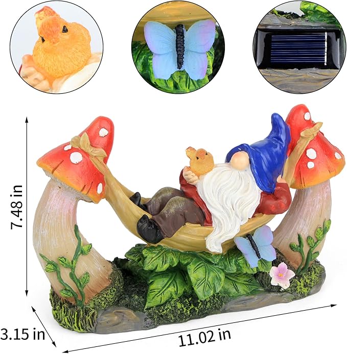 Outdoor Garden Gnome Statue,Solar Gnomes Figurine Lying on Hammock with Bird and Mushrooms,Outdoor Garden Decoration for Patio Yard Lawn Porch,Gifts for Mom/Grandma/Women