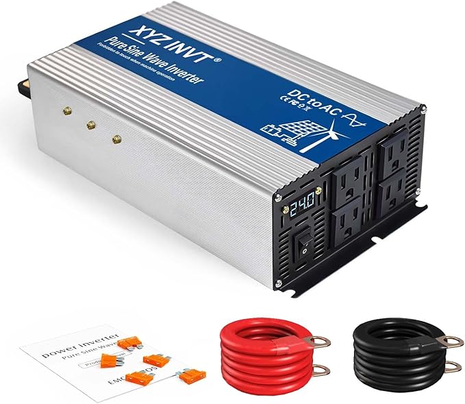 1800W Pure Sine Wave Inverter DC 24V to AC 120V, 3600W Peak Power with LED Display, Power Converter for Car, Truck, Solar, Home & Rechargeable Devices