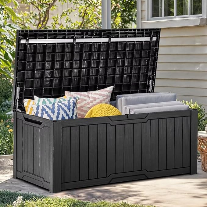 YITAHOME Outdoor Storage Box, 120 Gallon Waterproof Deck Box for Garden Tools, Patio Cushions, and Pool Accessories, Lockable, Easy Assembly, Versatile Bench or Table (Black)