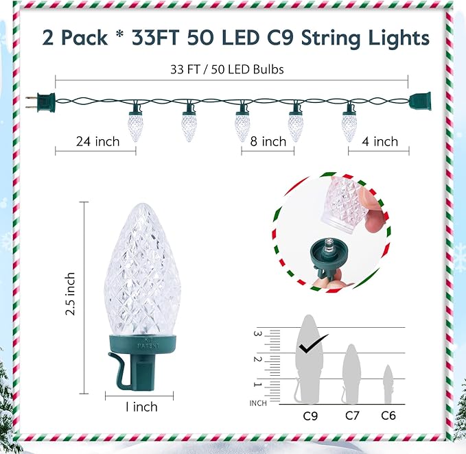 Brightown 2 Pack Blue and White C9 LED Christmas String Lights - 33ft 50 LED Waterproof Strawberry String Lights, Plug-in Extendable Green Wire Lights String for Outdoor Indoor Patio Party Decoration
