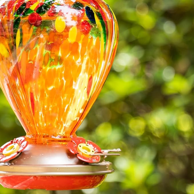Muse Garden Hummingbird Feeders for Outdoors Hanging, Blown Glass Hummingbird Feeder Gifts for Mom, Garden Decor for Outside, Unique Gifts Idea for Women, 34OZ, Orange Fireworks