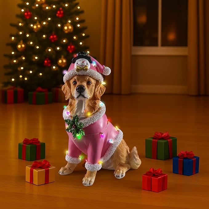 Christmas Outdoor Decoration Dog Statue, LED Light Cute Golden Retriever Dog Sculpture with Pink Santa Outfit & Lights for Garden and Yard, Indoor Holiday Décor Gift for mom and dad