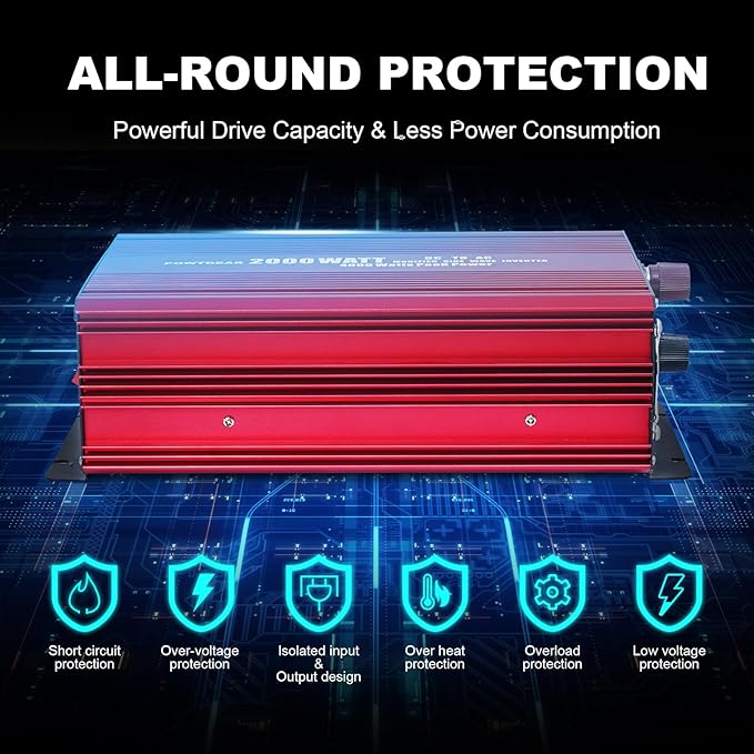 Power Inverter 2000 Watt, Modified Sine Wave Power Converter 2000W DC 12V to 110V AC Car Inverter with 2.4A USB Ports 3 AC Outlets Red