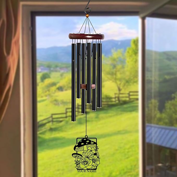 Personalized Customize Name Fantasy Mushroom Wonderland Wind Chime, Metal Iron 37 Inch Outdoor Memorial Gift for Garden Yard Patio Home Decor, Black (Style H)