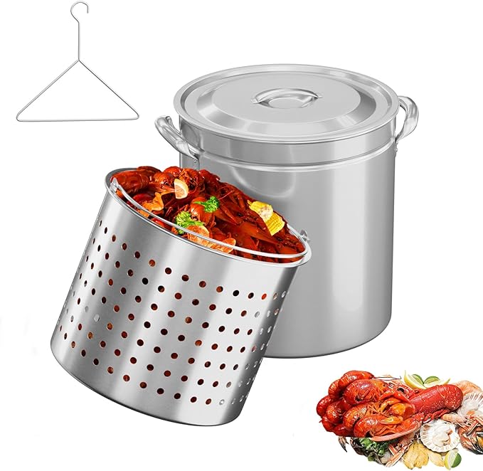 Bonnlo 36QT Turkey Fryer Pot with Steamer Basket, Lid & Lifting Hook, Stainless Steel Seafood Boil-Pot for Lobster, Crab & Shrimp, Heavy-Duty Deep Stockpot for Outdoor Boiling, Cooking & Frying