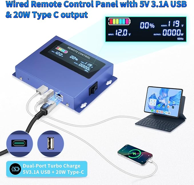 5000W Pure sine Wave Inverter DC 12V to AC 110V/120V Converter 10000w (Peak) with LCD Display Wireless/Wired Remote Control 4AC outlets 4USB and Hardwired AC.Ideal for RV Travel Off-Grid Solar Systems