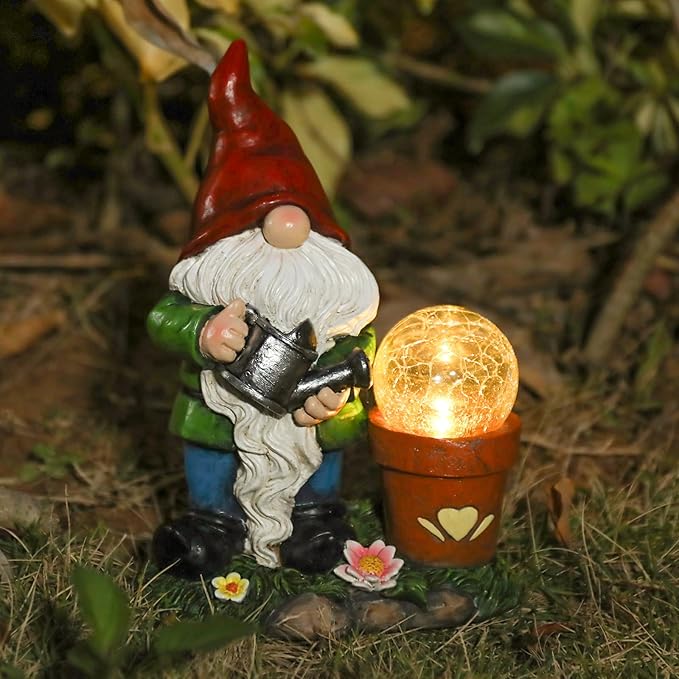 Garden Gnome Statue, Resin Pots with Crack Ball Gnome Figurine with Solar Lights for Porch Patio Yard Outdoor Decor
