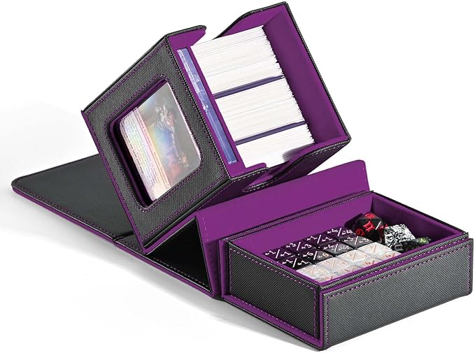 ZLCA MTG Commander Deck Box with Display Window, Deck Box Holds 100 Double-Sleeved with Dice Tray & 35pt Magnetic Card Holder（Black& Purple）