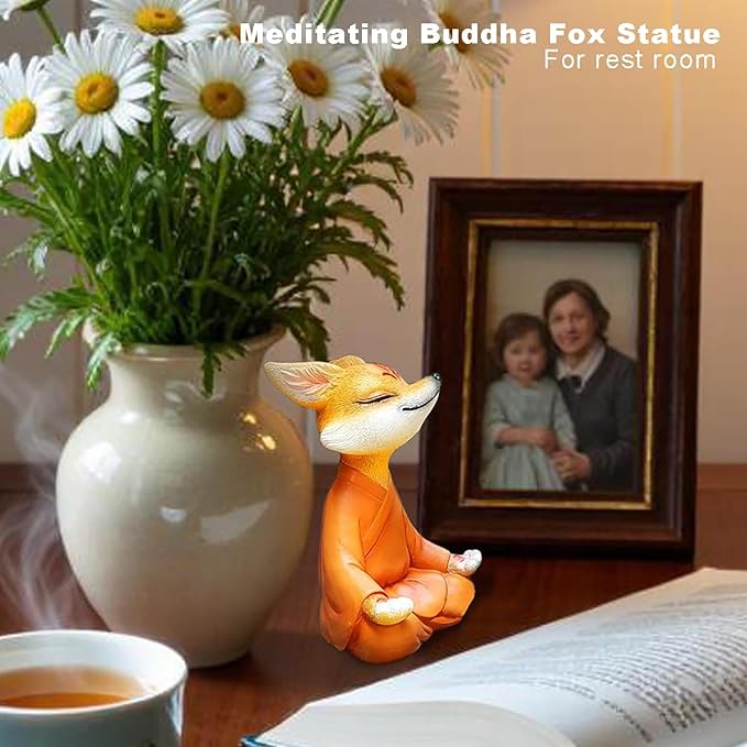 Meditating Buddha Fox Statue Resin Zen Animal Sculpture Yoga Figurine Indoor Outdoor Fengshui Decor for Patio Garden Yard Lawn Tabletop Planter Ponds Pot Bookshelf Ornaments Gifts Orange