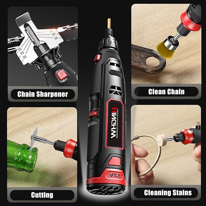 Electric Cordless Chainsaw Sharpener Kit, Chain Saw Sharpener Tool 12V Battery powered with 9 Titanium Plated Diamond Bits(3 types) & brush head & Angle Attachment, Easy to Use for All Chainsaw Chains