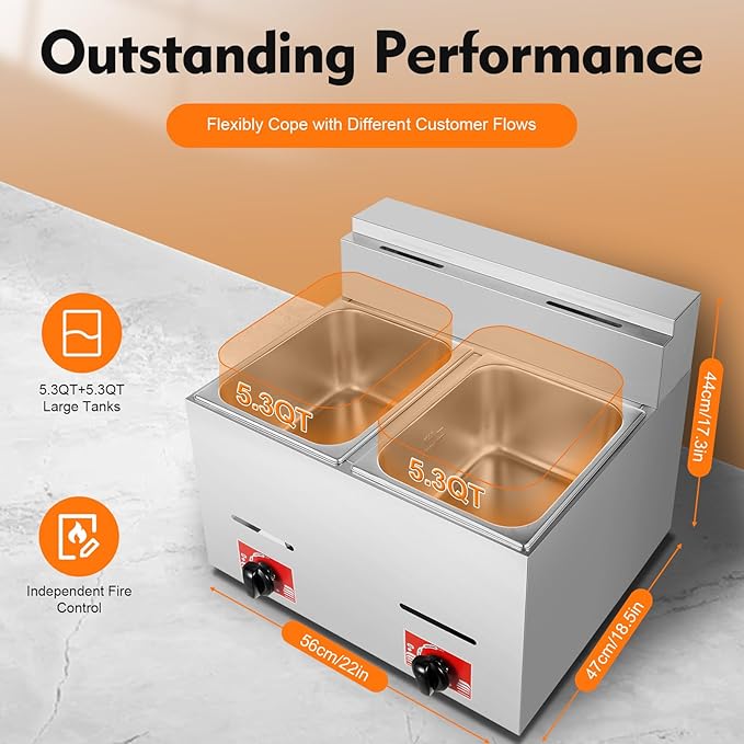 Stainless Steel Deep Fryer with Frying Baskets and Lid, 12.7QT/12L Capacity Countertop Deep Fryer Oil Frying Pot Kitchen Frying Machine Table Snack Fryer Double Cylinder Gas Fryer (LPG)