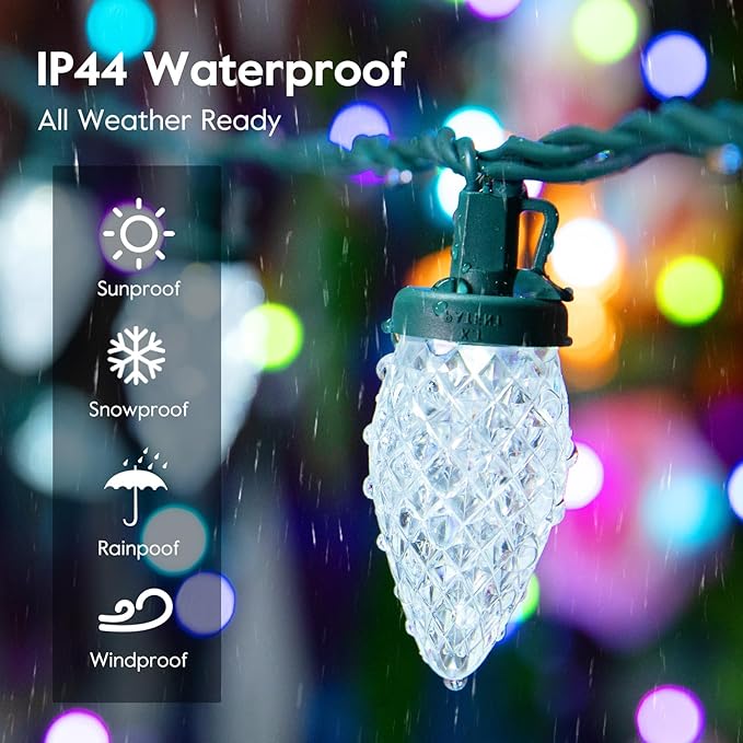 Brightown C9 LED Christmas String Lights, 33ft 50 LED Waterproof Strawberry String Lights, Plug-in Extendable Green Wire Lights String for Outdoor Indoor Patio Party Decoration (White)