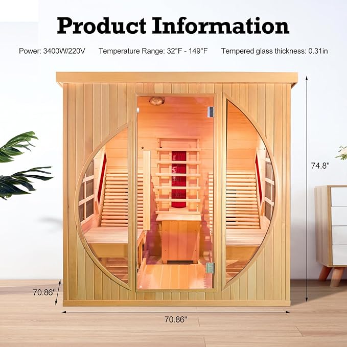 ZONEMEL Infrared 2 Person Wooden Sauna Room with Recliner, Canadian Hemlock Luxury Indoor Sauna with 10 Heaters, Oxygen Bar, 3400 Watt,Full Spectrum Infrared Therapy Wood Dry Heat Sauna, 220V