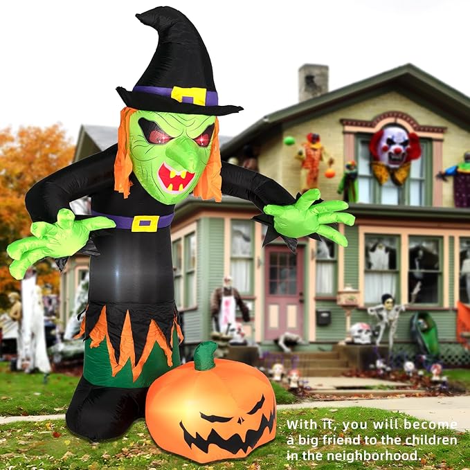 ININ 8FT Halloween Inflatable Witch Decorations Outdoor Built-in LED Lights,Halloween Blow Up Yard Decorations,Scary Party Decorations,Haunted House Decor,for Yard/Lawn/Garden.