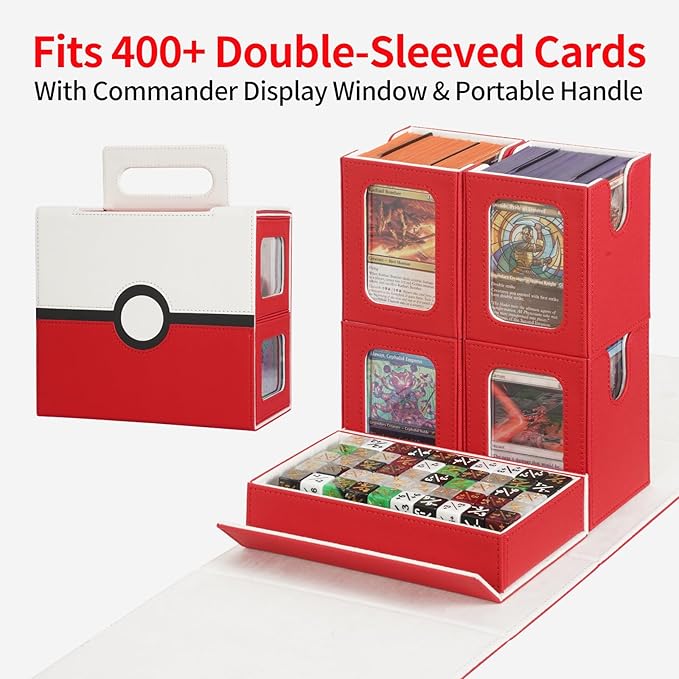 AFIING Commander Deck Box for MTG/EDH, Fits 400+ Double-Sleeved Cards, with Display Window, 4 Removable Deck Cases, Dividers, Dice Tray & Handle, Card Holders for TCG (White Red)