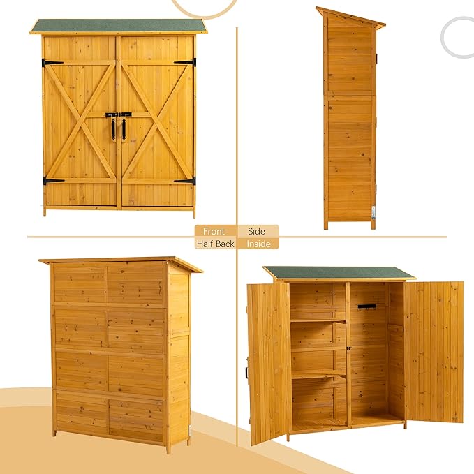 Outdoor Storage Cabinet, Double Lockable Wooden Garden Shed, Outside Vertical Wood Tall Tool Shed for Yard Patio Lawn (Natural)