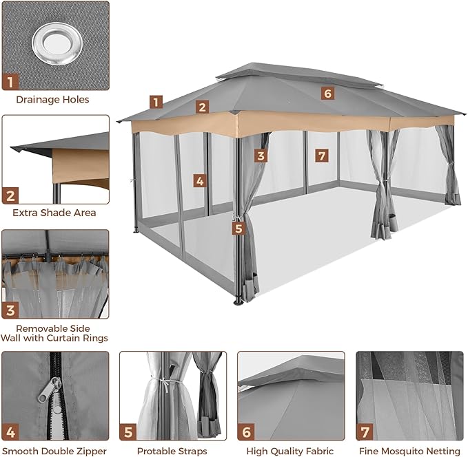 COBIZI Gazebo 12x20 Heavy Duty Gazebos with Improved Nettings Outdoor Gazebo Canopy Double Roof Patio Gazebos with Metal Steel Frame for Patio, Deck, Backyard (Gray)