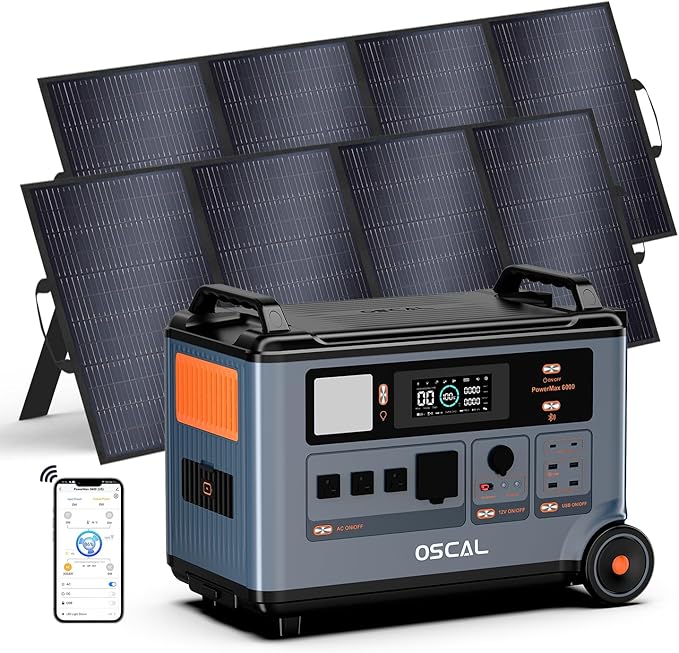 OSCAL PowerMax 6000 120V/240V Solar Generator with 2×400W Solar Panel, Power Station 6000W AC Outlets (9000W Peak), 2200W AC Charging/2400W Solar Charging, Emergency for Home, Battery Backup