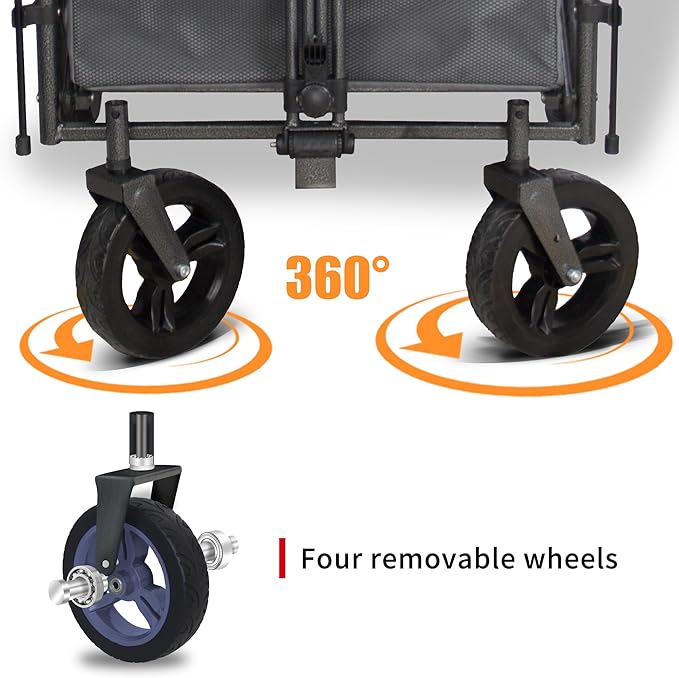 Collapsible Foldable Wagon Cart with All Terrain Wheels &Canopy& 2 Seats- Heavy Duty Utility Wagon 265 lbs Capacity for Camping, Garden, Shopping (Grey)
