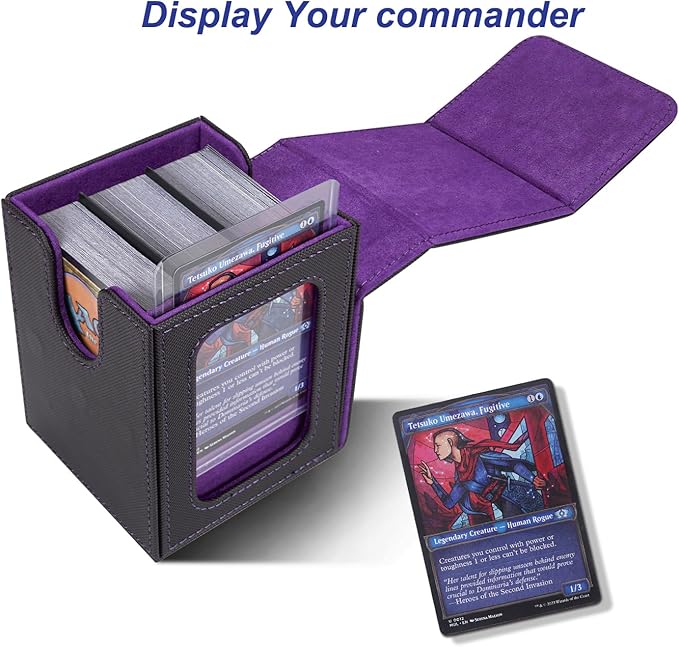 AFIING MTG Deck Box for Commander Display,Card Deck Box Fits 100 Double Sleeved Cards, Magic Commander TCG Card Storage Box with 2 Dividers,Drawstring Bag and 1 Toploader(Black/Purple)